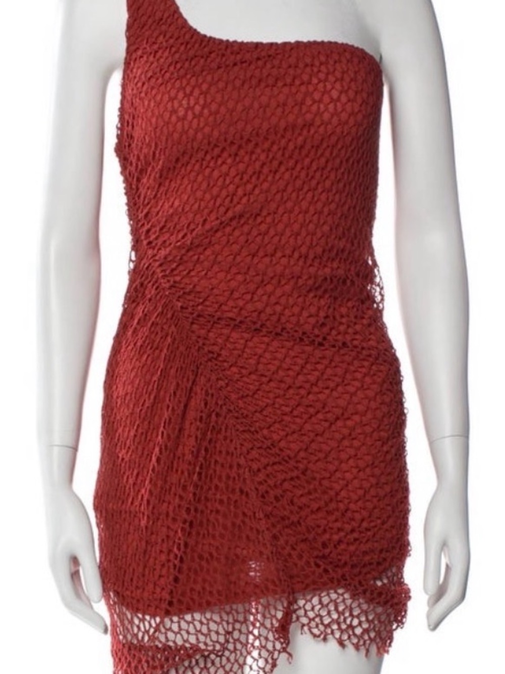 IRO Paris Juney One-Shoulder Ruched Crochet Mini Dress - Brick Red - Size 38